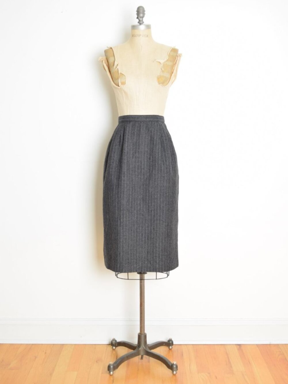 vintage 80s skirt gray wool pin striped pencil midi high waist rise skirt M